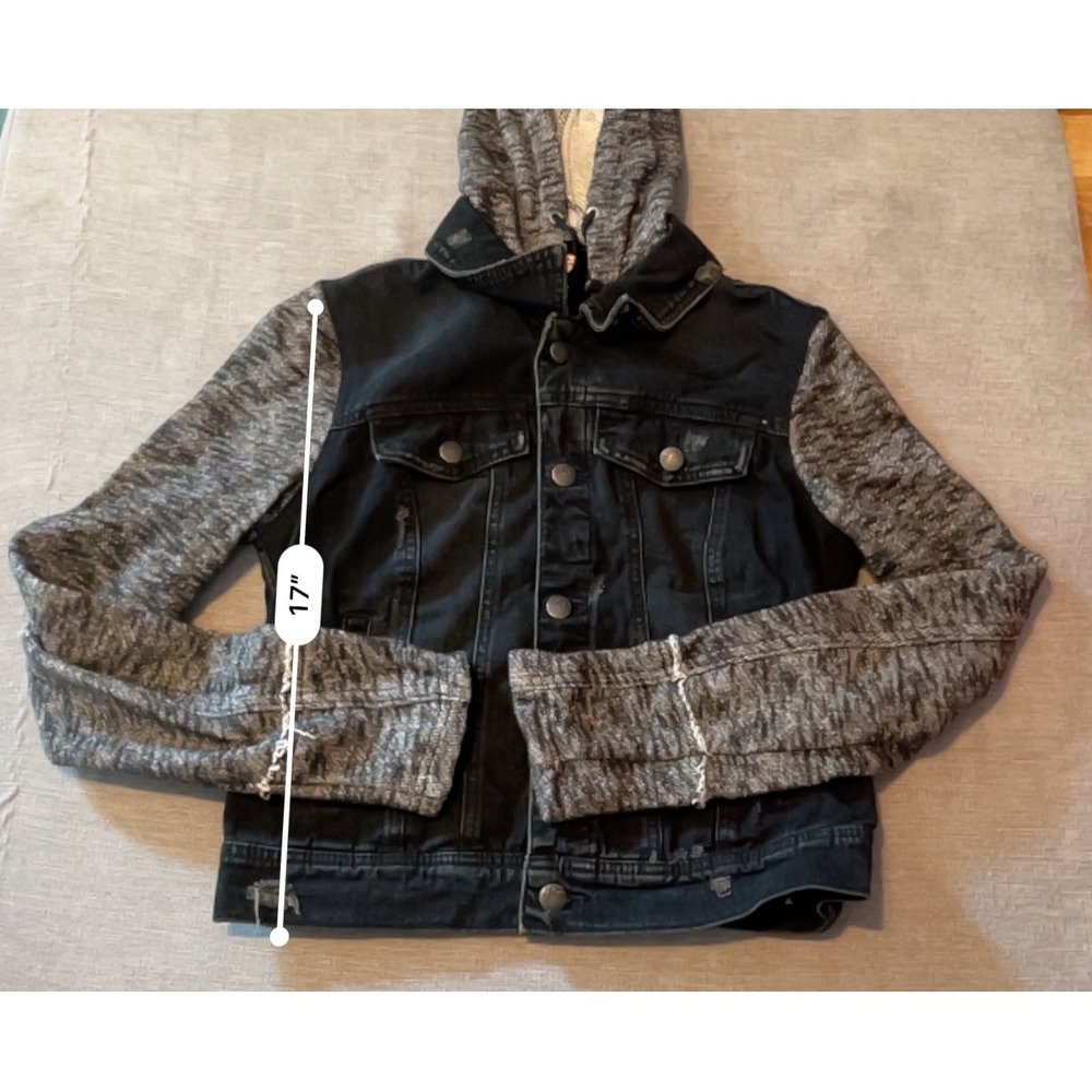 Free People Black Denim Hooded Jacket Distressed Grey Knit Sleeves - Picture 4 of 6